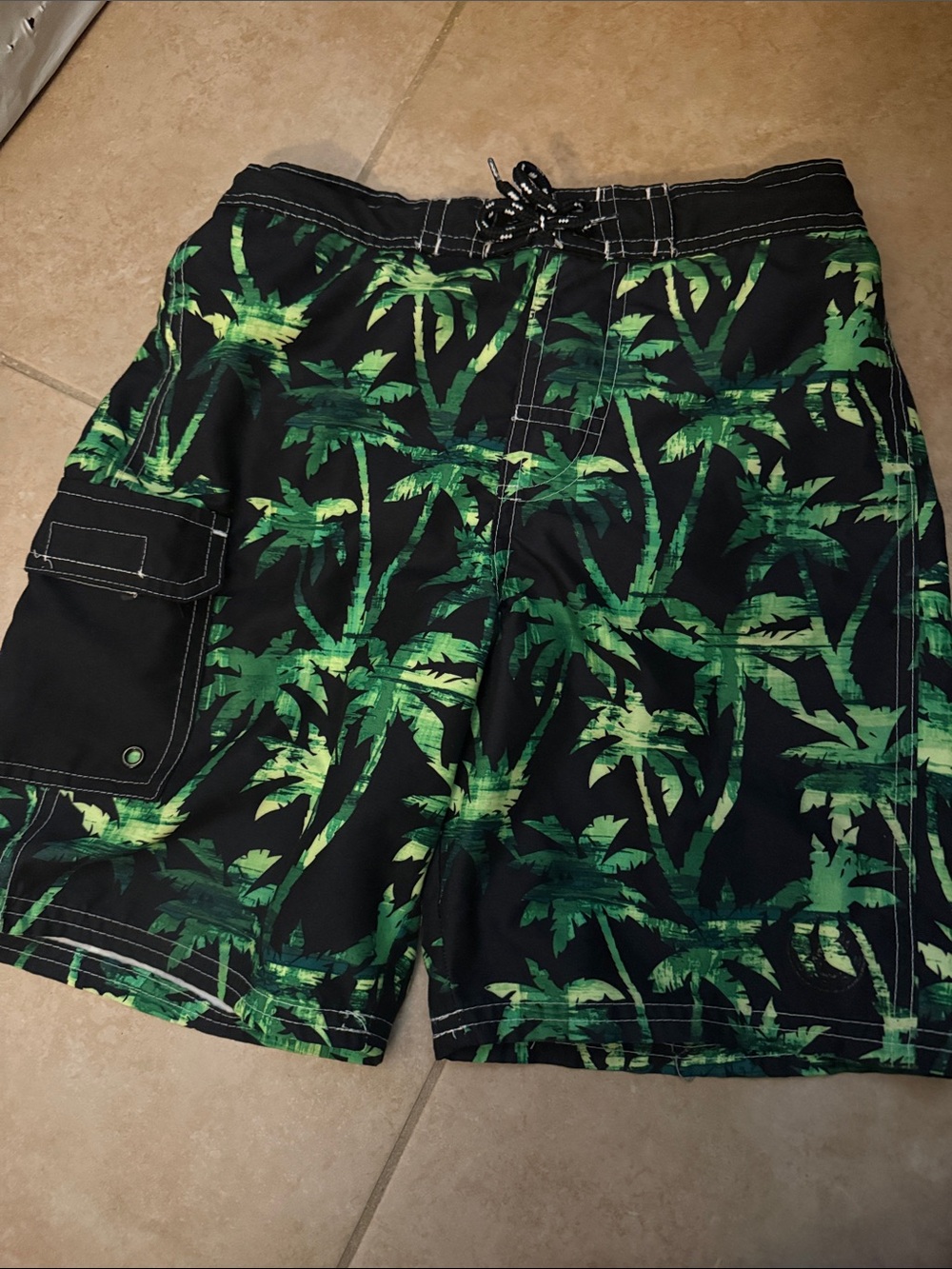 Kids Black Swim Trunks with Green Palm Print